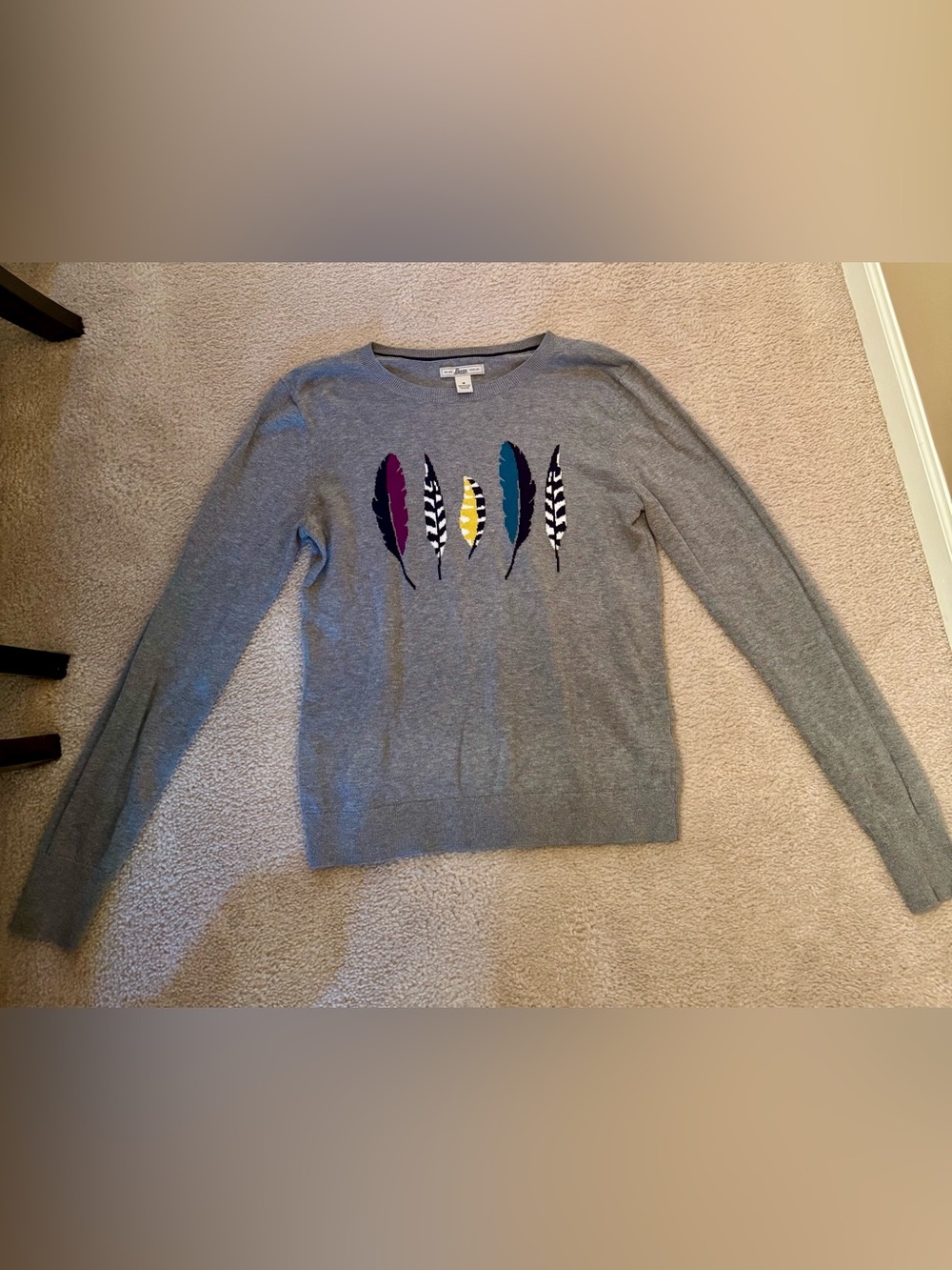 Bass Gray Crewneck Sweater with Multicolor Feather Motif